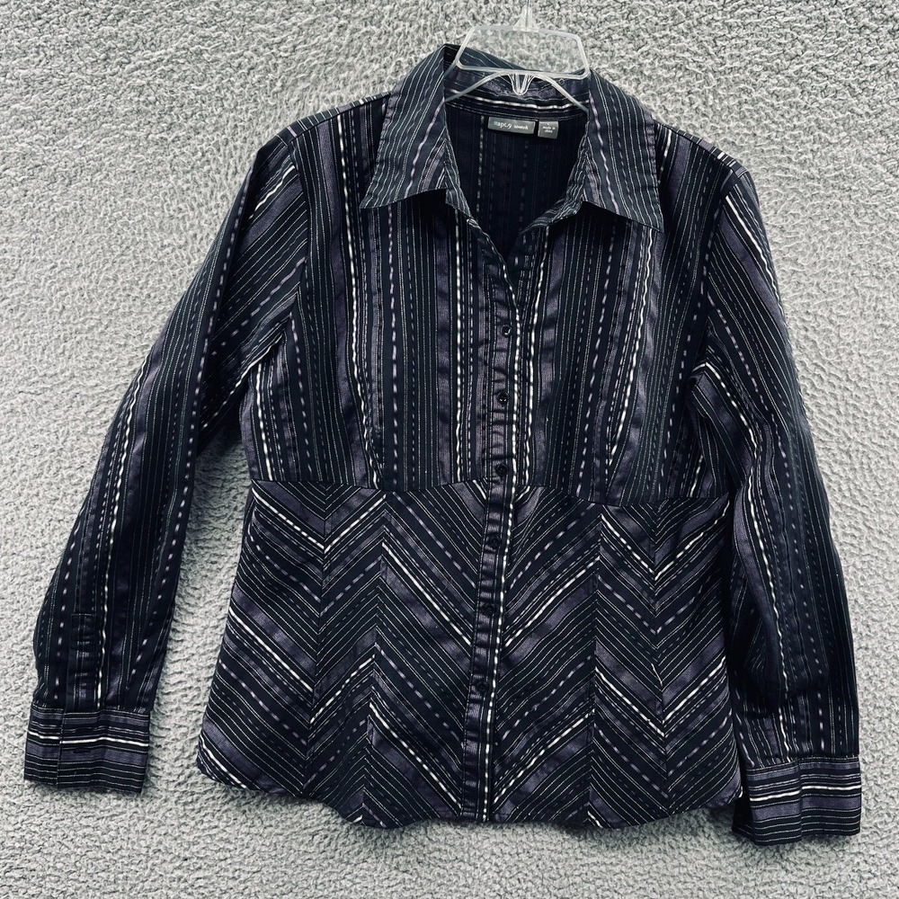 Womens Vertical Stripe Button Up Shirt L Tailored Stretch Capsule Office Capsule